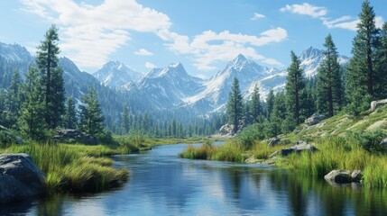 Serene Mountain Landscape with Pine Trees and Tranquil River Scene