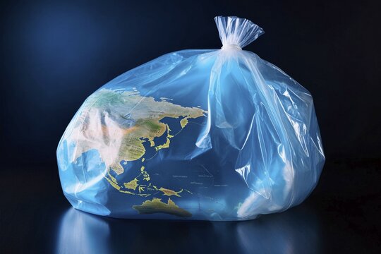 Melted planet eart in plastic bag. KI generiert, generiert AI generated