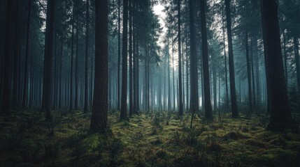 Fototapeta premium Misty Forest Path Among Tall Dark Trees