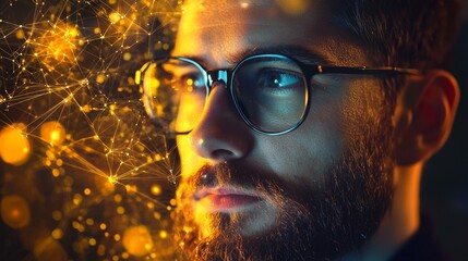 Man wearing glasses surrounded by digital golden lights