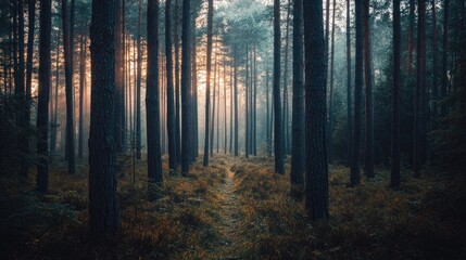 Obraz premium Sunrise Path Through A Misty Pine Forest