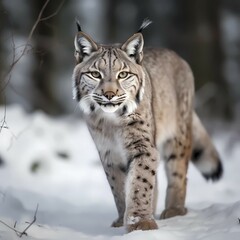 Fototapeta premium Lynx (Lynx Lynx) in a wintry setting in the forest, with snowfall, ai generated