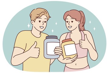 Fototapeta premium Slim man and woman demonstrating jars for sports supplements and showing thumbs up. Guy and girl trainers from fitness club recommend purchasing specialized nutrition for athletes. Flat vector design