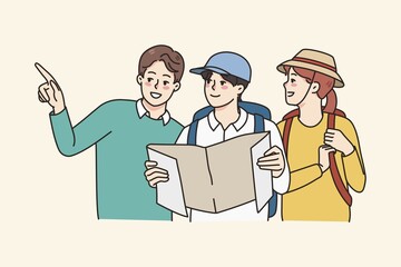 Local man help travelers couple find way. Male show tourists right way or direction. Journey and adventure problem. Travel and tourism. illustration