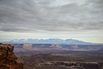 View from Grand View Point to La Sal Mountains, La Sal Range, Island in the Sky, Canyonlands National Park, Moab, Utah, USA, North America