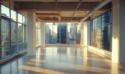 Sunlit Empty Office Space in Modern High Rise Building with Large Windows and Cityscape View at Sunrise - Ideal for Corporate Use, Renovation Projects, Real Estate, or Inspirational Workspace Settings