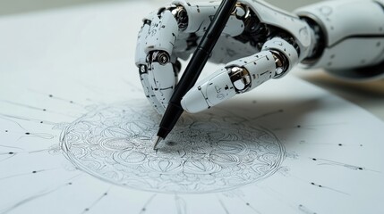 Ai robot drawing intricate design on paper studio digital modern close-up creativity
