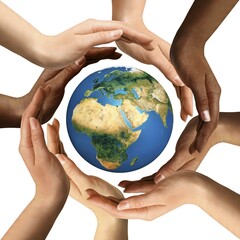 Conceptual symbol of multiracial human hands surrounding the Earth globe. Unity, world peace, humanity concept. Isolated on white background