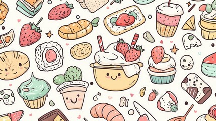 Cute Illustrations of Desserts and Sweets on a Light Background
