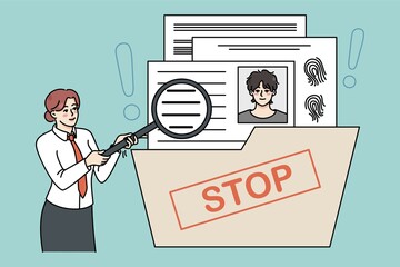 Businesswoman with magnifier explore job candidate cv for open vacancy. Female recruiter or employer look for applicants. Employment and hiring concept. Vector illustration
