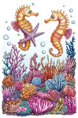 Fototapeta premium Vibrant Underwater Coral Reef with Seahorses and Starfish . Children coloring page