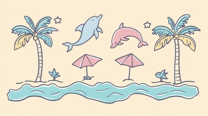 Obraz premium Playful Dolphins and Palm Trees on a Sunny Beach Background