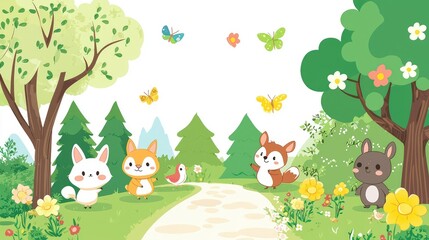 Naklejka premium Cute Cartoon Animals in a Colorful Nature Scene with Flowers