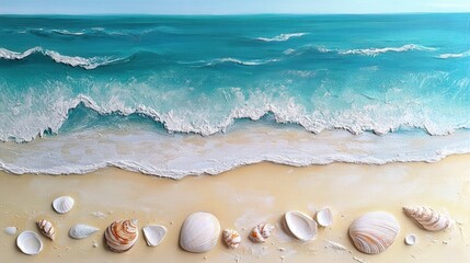 Seashells on Sandy Shore: A mesmerizing seascape painting capturing the tranquility of a beach with the gentle rhythm of waves crashing against the shore, adorned with a scattered array of seashells.