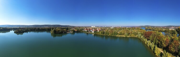 Fototapeta na wymiar Drone image, Niedernberg lakeland, Niedernberg, Lower Franconia, Bavaria, Germany, Europe