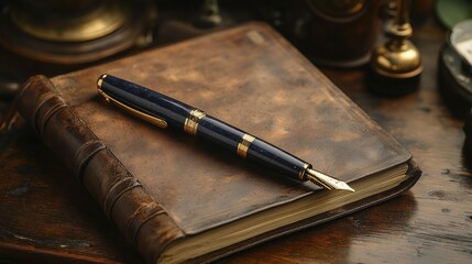 A fountain pen resting on a closed leather-bound vintage book on a wooden desk, AI generated