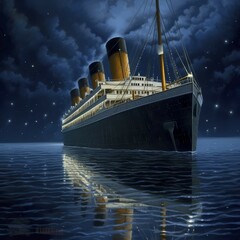 Journey of the Titanic in the Atlantic on a starry night and calm sea, AI generated