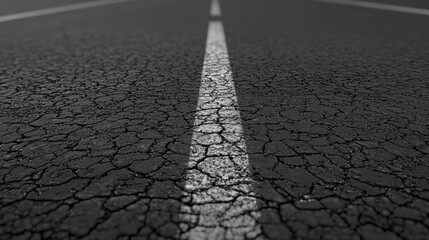 Cracked black road texture with white lane markings, showcasing wear and tear. image captures rugged surface and details of asphalt, evoking sense of desolation