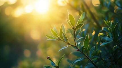 Golden Sunlight Illuminates Lush Green Leaves And Ladybugs
