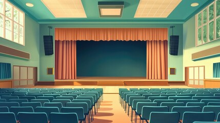 Theater Interior with Stage and Empty Seats for Performance Space