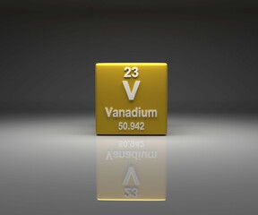 Cube with Vanadium number 23 periodic table, 3d rendering