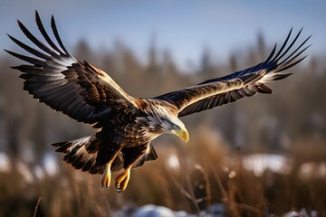 Obraz premium White tailed eagle mid flight wings fully extended, AI generated