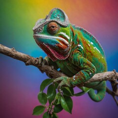 Fototapeta premium A chameleon on a branch blending into a rainbow-colored background.