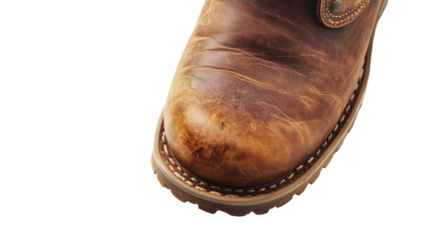 Worn brown leather cowboy boot showing character and use over time in a rustic setting