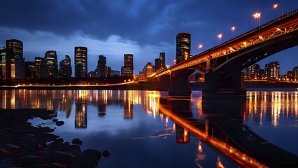 Naklejka premium City bridges come alive under the glow of car headlights water underneath reflecting the luminescence, AI generated