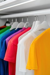 Fototapeta premium Colorful t-shirts neatly arranged in a modern closet.