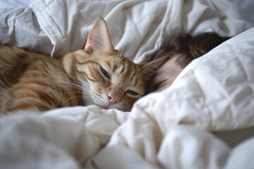 Cute ginger cat sleeping with human in bed. KI generiert, generiert, AI generated