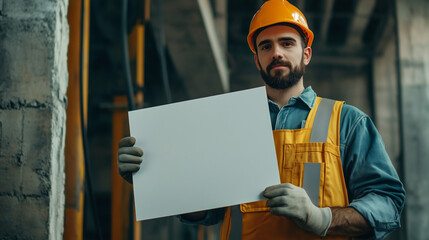 Burly Worker Wearing Safety Gear Displays a Blank Placard for Workplace Notices or Promotional Messages