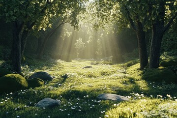 Serene Sunlit Forest with Gentle Rays Illuminating the Greenery