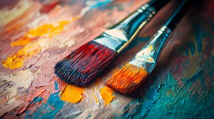 Obraz premium Paint brushes with vibrant colors on a palette