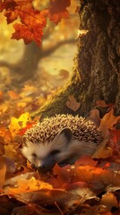 Obraz premium Sweet Hedgehog Nestled Among Autumn Leaves in Tranquil Forest