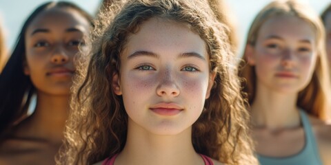 Fototapeta premium Young females standing together, friendship and unity concept