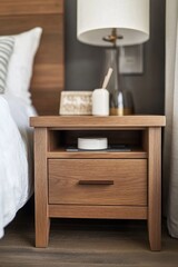 A bedside table with a lamp placed on top, suitable for bedroom interior design or still life photography