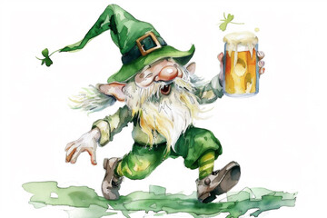Obraz premium Watercolor illustration, St. Patrick's Day in Ireland. Dwarf or elf with beer