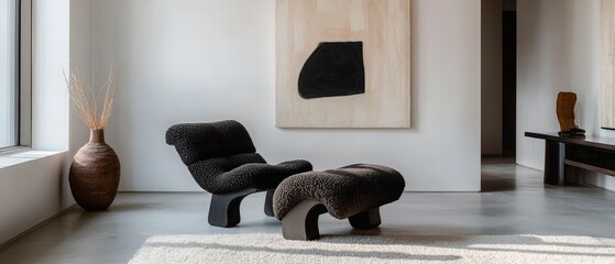 Minimalist living room featuring a black textured lounge chair with matching ottoman, abstract black artwork, and earthy decor elements in a bright white interior space. Generative AI