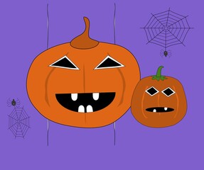 A big and a small pumpkin with Halloween design background, purple wall with spiders and spider webs, illustration