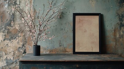 Vintage Chest with Black Frame and Bare Branches against Textured Wall Background