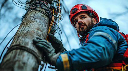 Electrician climbs utility pole to repair power lines in a residential area during early evening