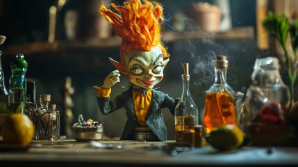 Bartender pouring drinks with playful figurines