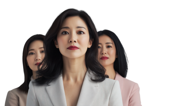 Women in professional attire standing confidently in a lineup against a white background
