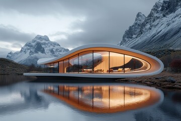 Futuristic architectural concepts for real estate living by lake