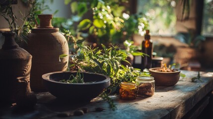 Clay pots and plants on a rustic table