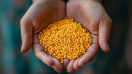 Close-up of hands holding yellow biodegradable plastic pellets, symbolizing eco-friendly innovation and sustainable materials for a greener future.