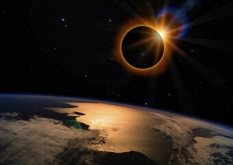 Obraz premium Solar eclipse with orange halo over the planet Earth, on dark starry sky