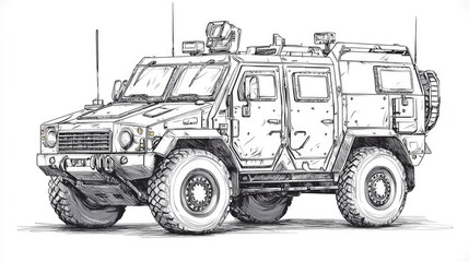 Detailed Sketch of an Armored Military Vehicle on White Background