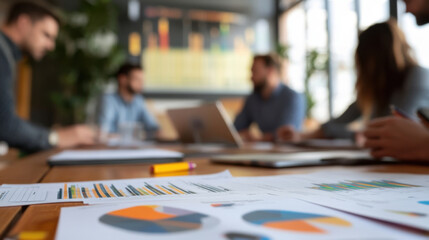Collaborative team meeting with charts and graphs on wooden table, showcasing data analysis and insights. atmosphere is focused and productive